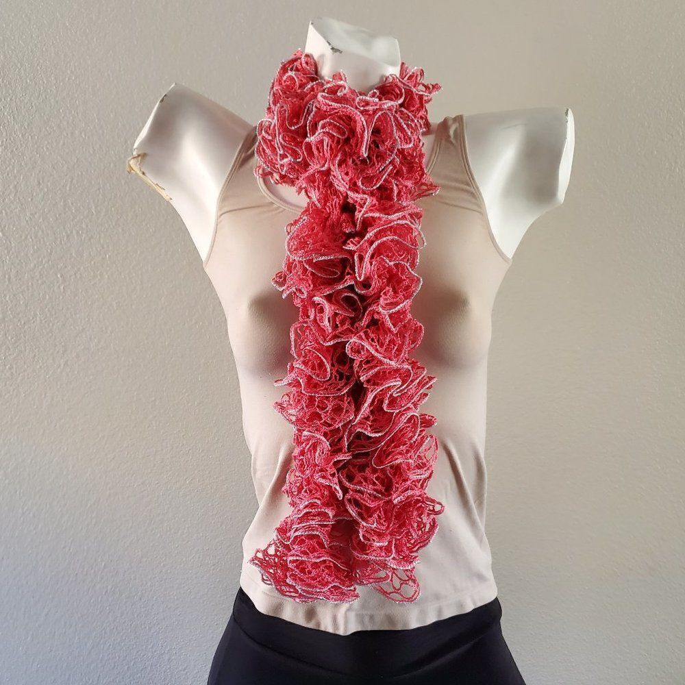 BOGO Scarf Sale - Hand Crafted crochet pink and silver ruffle scarf